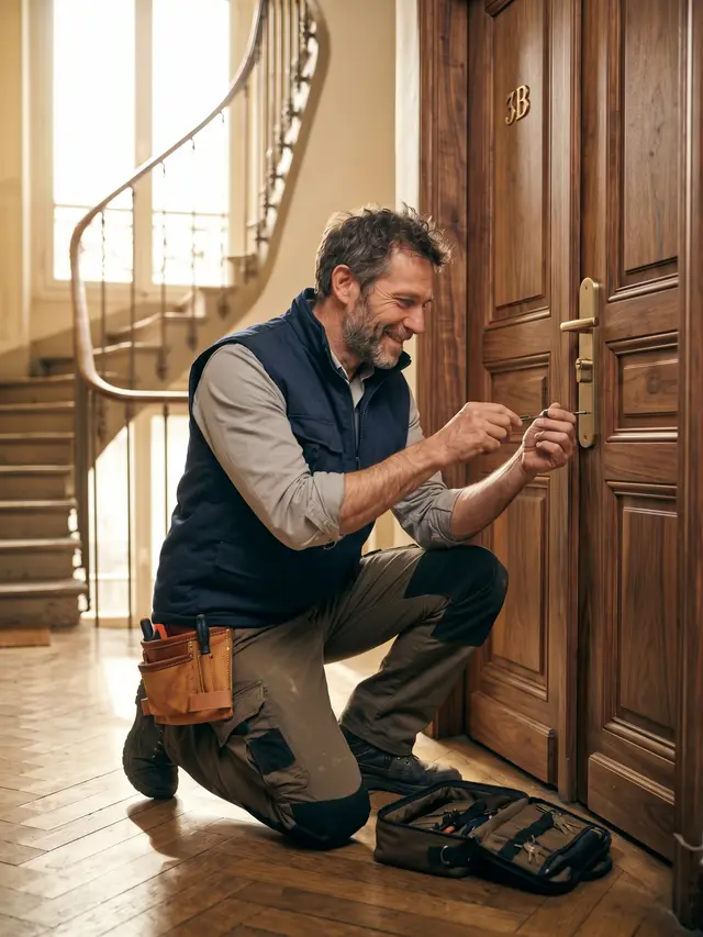 A locksmith kneeling at an apartment door, working on the lock.